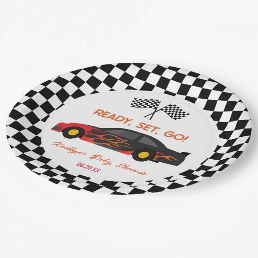 Red Flame Race Car Ready Set Go Baby Dusche Pappteller (Schrägansicht)