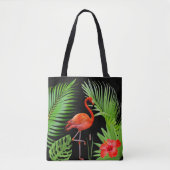 Red Flamingo, Hibiskus & Palm Blätter auf Black Tasche (Vorderseite)