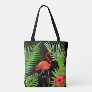 Red Flamingo, Hibiskus & Palm Blätter auf Black Tasche