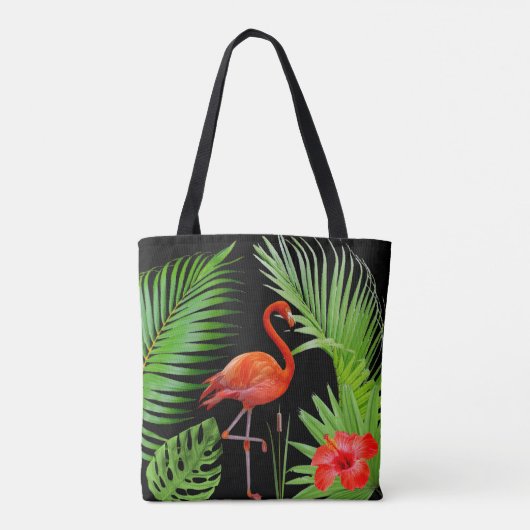 Red Flamingo, Hibiskus & Palm Blätter auf Black Tasche (Rückseite)