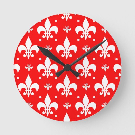 Red Fleur-de-lis-Muster Runde Wanduhr (Vorderseite)