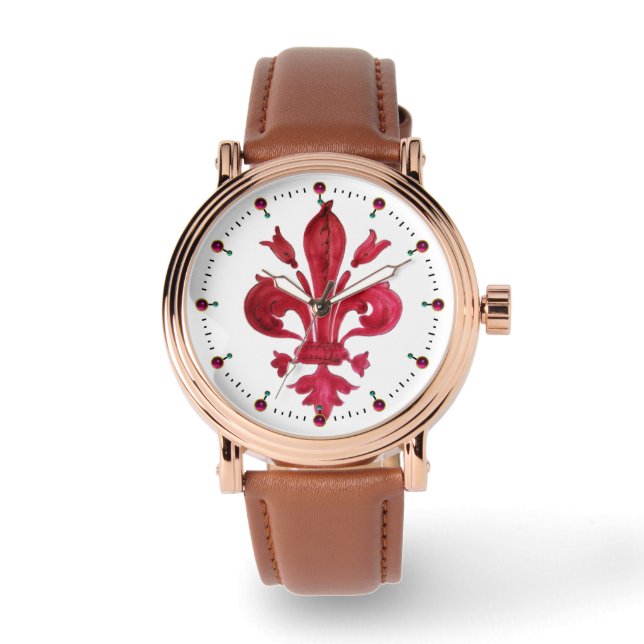 RED FLEUR DE LISE IN WHITE Floral Heraldic Armbanduhr (Vorderseite)