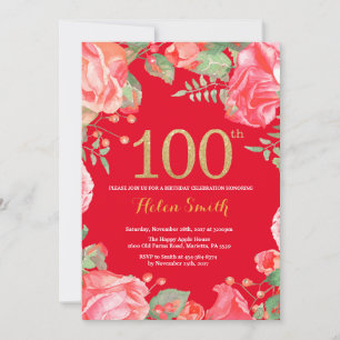 Red Floral 100. Geburtstag Gold Glitzer und Red Fl Einladung