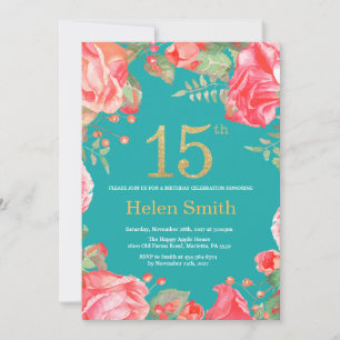Red Floral 15. Geburtstag Gold Glitzer und Aquamar Einladung