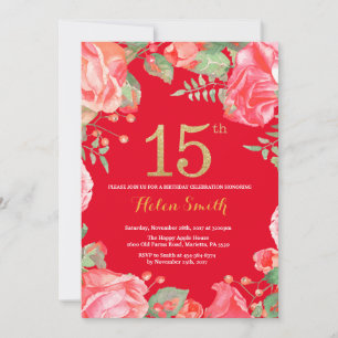 Red Floral 15. Geburtstag Gold Glitzer und Rot Einladung