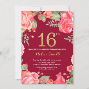 Red Floral 16. Geburtstag Gold Glitzer Burgund Red Einladung