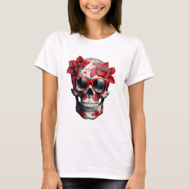 Red Floral 3D Dead Skull mit Sonnenbrille T-Shirt