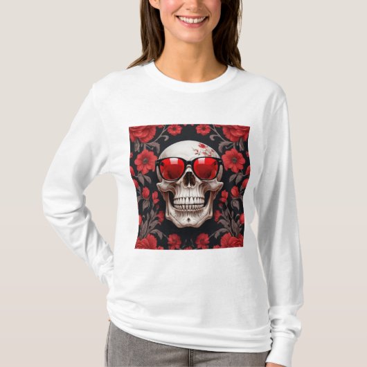 Red Floral 3D Dead Skull mit Sonnenbrille T-Shirt (Vorderseite)