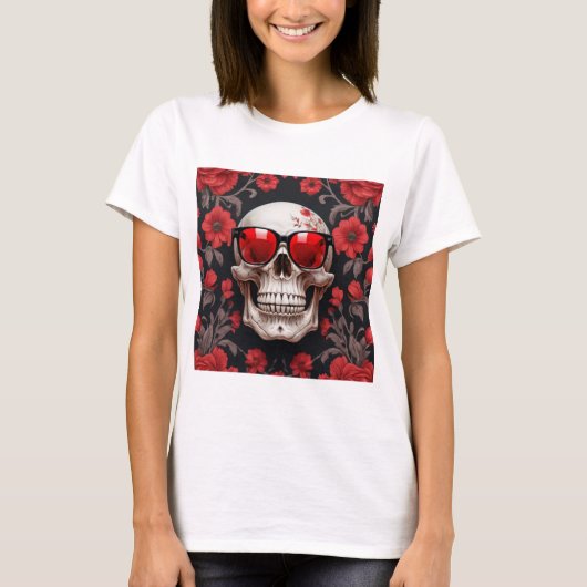 Red Floral 3D Dead Skull mit Sonnenbrille T-Shirt (Vorderseite)