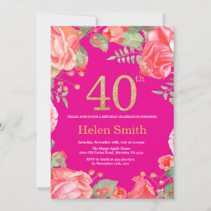 Red Floral 40. Geburtstag Gold Glitzer und Hot Pin Einladung