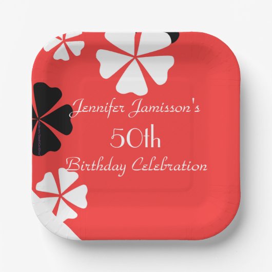Red Floral 50. Geburtstagsparty Simple Square Pappteller (Vorderseite)