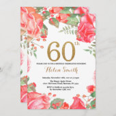 Red Floral 60. Geburtstag Einladung Gold Glitzer (Vorne/Hinten)
