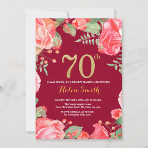 Red Floral 70. Geburtstag Gold Glitzer Burgund Red Einladung
