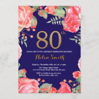 Red Floral 80. Geburtstag Einladung Gold Glitzer