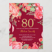 Red Floral 80. Geburtstag Gold Glitzer Burgundy Re Einladung (Vorne/Hinten)