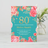 Red Floral 80. Geburtstag Gold Glitzer und Aquamar Einladung (Stehend Vorderseite)