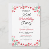 Red Floral 90. Geburtstagsfeier Einladung (Vorderseite)