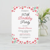 Red Floral 90. Geburtstagsfeier Einladung (Stehend Vorderseite)