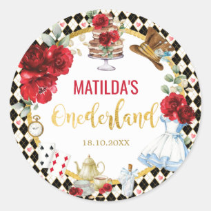 Red Floral Alice im Wunderland Birthday Onederland Runder Aufkleber