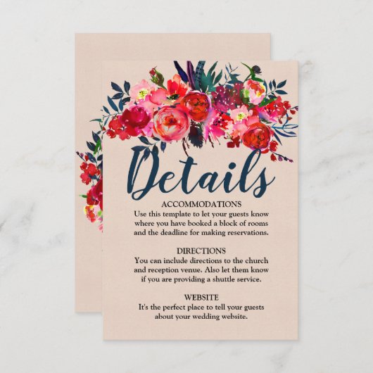 Red Floral and Boho Feather Wedding Details Card Begleitkarte (Vorne/Hinten)