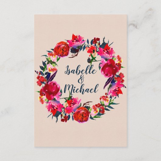 Red Floral and Boho Feather Wedding Details Card Begleitkarte (Rückseite)