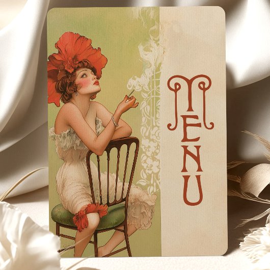 Red Floral Art Nouveau Wedding Menu Card Einladung
