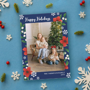 Red Floral Berries Snowflakes Happy Holidays Foto Feiertagskarte