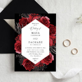 Red Floral & Black Wedding - Black Einladung