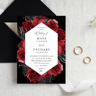 Red Floral & Black Wedding - Black Einladung