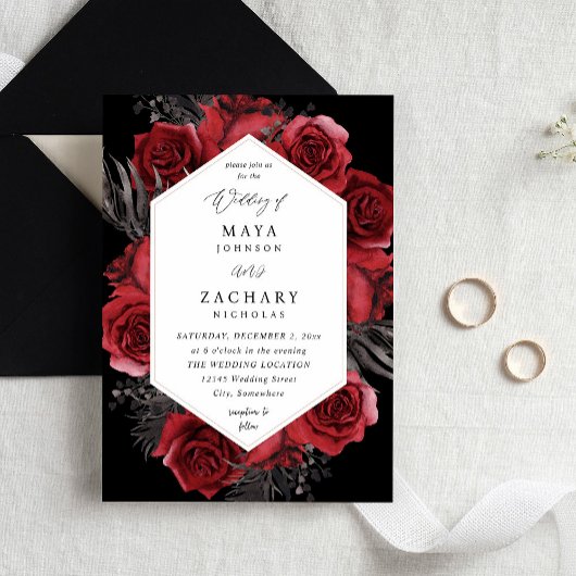 Red Floral & Black Wedding - Black Einladung