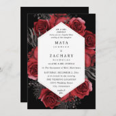 Red Floral & Black Wedding - Black V3 Einladung (Vorne/Hinten)