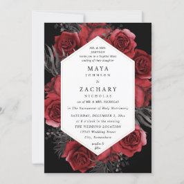 Red Floral & Black Wedding - Black V3 Einladung