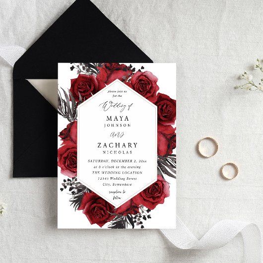 Red Floral & Black Wedding Einladung