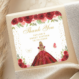 Red Floral Blonde Hair Princess 16 . Geburtstag Quadratischer Aufkleber