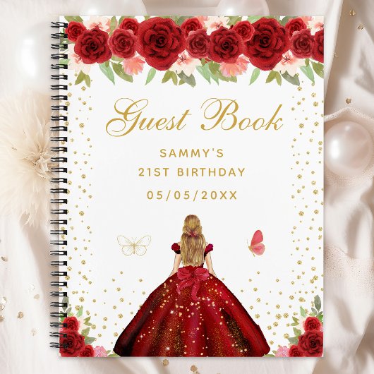 Red Floral Blonde Hair Princess Gästebuch Notizblock