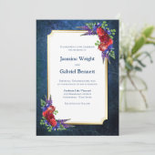 Red Floral Blue Wedding Einladung (Stehend Vorderseite)