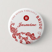 Red Floral Boho Chic Peacock Asian Wedding Party Button (Vorderseite)