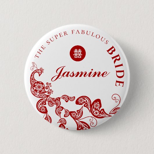 Red Floral Boho Chic Peacock Asian Wedding Party Button (Vorderseite)