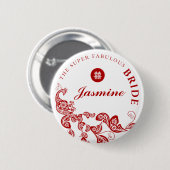 Red Floral Boho Chic Peacock Asian Wedding Party Button (Vorne & Hinten)
