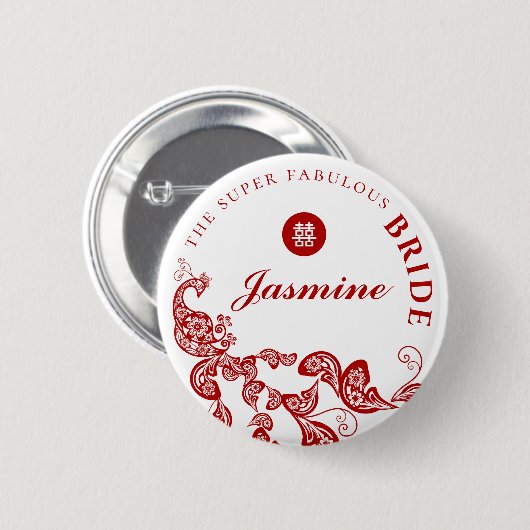 Red Floral Boho Chic Peacock Asian Wedding Party Button (Vorne & Hinten)