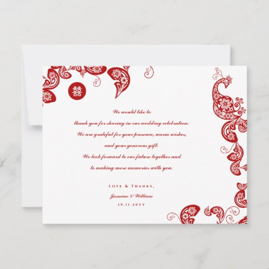 Red Floral Boho Peacock Eastern Chic Asiatische Ho Dankeskarte (Vorderseite)