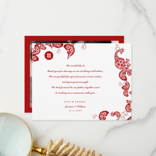 Red Floral Boho Peacock Eastern Chic Asiatische Ho Dankeskarte (Vorderseite/Rückseite Beispiel)