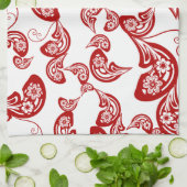 Red Floral Boho Peacock Elegantes orientalisches C Geschirrtuch (Gefaltet)