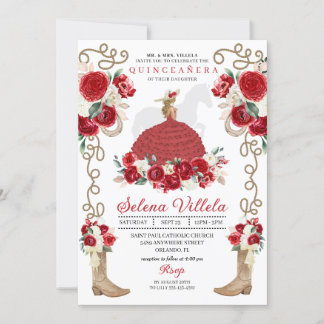 Red Floral Boots Rose Western Quinceañera Einladung