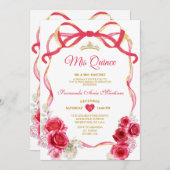 Red Floral Bow Ribbon Gold Crown Girl Mis Quince Einladung (Vorne/Hinten)