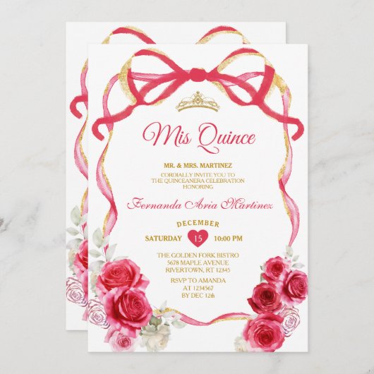 Red Floral Bow Ribbon Gold Crown Girl Mis Quince Einladung (Vorne/Hinten)