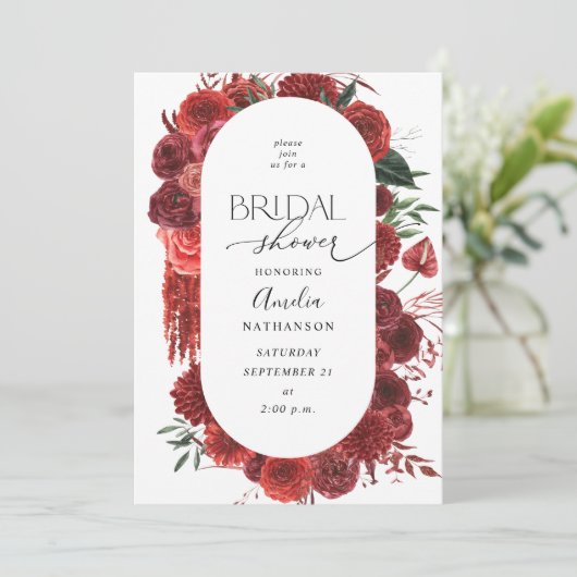 Red Floral Brautparty Einladung (Stehend Vorderseite)