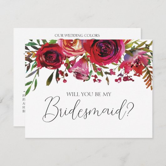 Red Floral Bridesmaid Vorschlag Detail Karte (Vorne/Hinten)