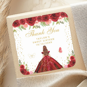 Red Floral Brown Hair Princess 16 . Geburtstag Quadratischer Aufkleber
