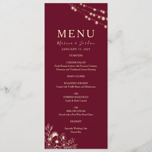 Red Floral Burgundy Wedding Menükarte (Vorderseite)